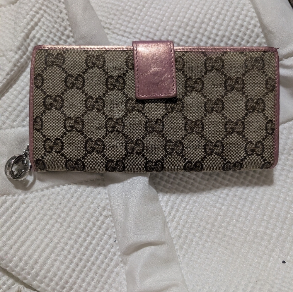 Gucci mettalic Pink Beige GG Canvas Long Wallet with Collectible Charm Upcycle